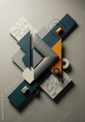 Geometric shapes in teal orange and gray on a gray background