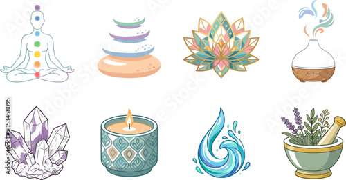 Canvas Print Holistic wellness and spa icon collection featuring meditation chakra points lot