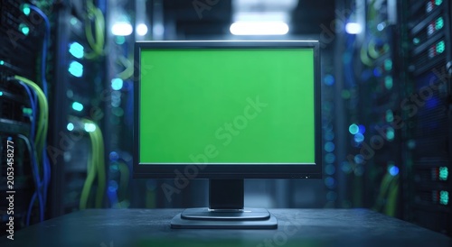 A blank green screen monitor sits in a dimly lit server room
