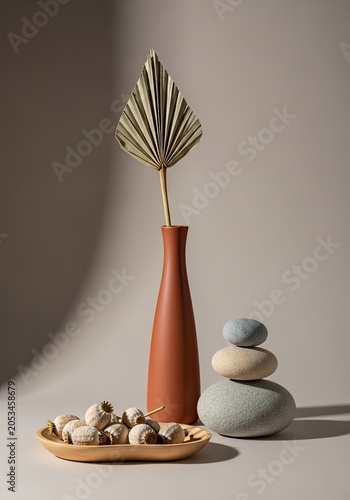 Minimalist still life with dried palm fan terracotta vase and balanced stones