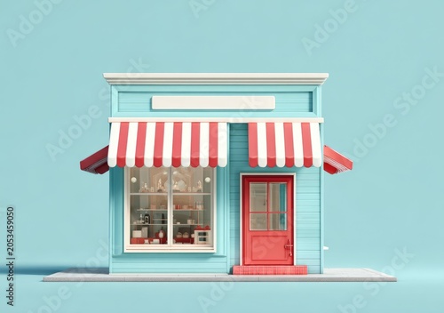 Charming pastel storefront with red door, striped awning, and display window