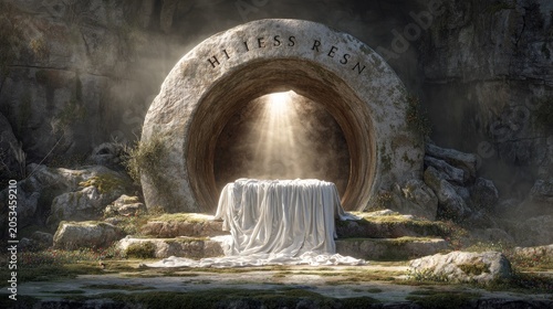 Ancient tomb entrance with draped stone slab, sunbeam illuminating