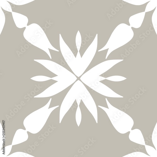 Beige Geometric Floral Tile Pattern with Symmetrical Ornamental Design