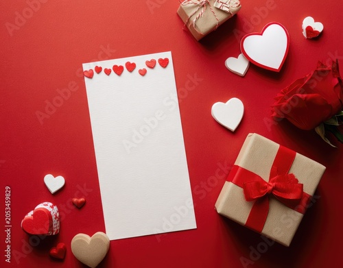 Romantic arrangement with gifts, hearts, rose, and blank paper