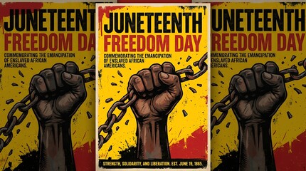 Juneteenth Freedom Day vintage poster, raised fist breaking metal chains for emancipation, African American liberation and solidarity illustration