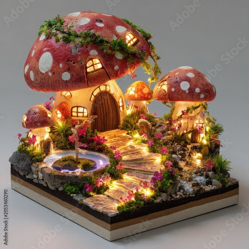 Enchanted mushroom house with glowing windows, water feature, and tiny figures