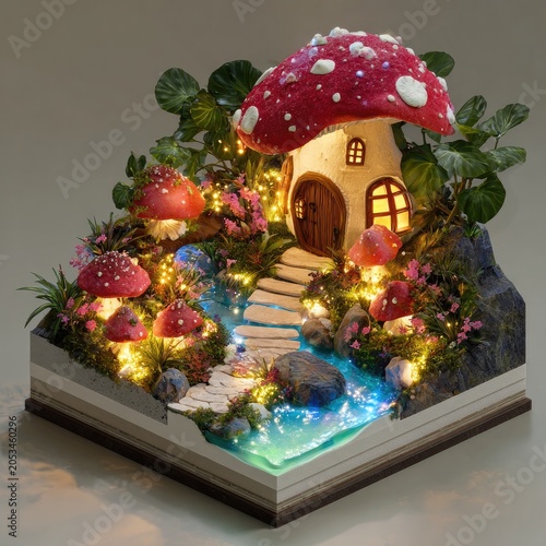 Enchanted miniature fairy dwelling nestled in mossy, mushroom-filled forest