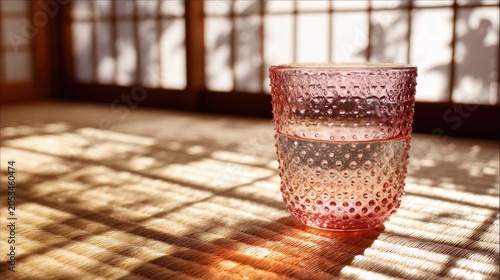 Textured glass with water, sunlit room, tatami mat, dappled light