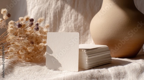 Soft, natural light illuminates a stack of blank cards beside dried florals and a vase