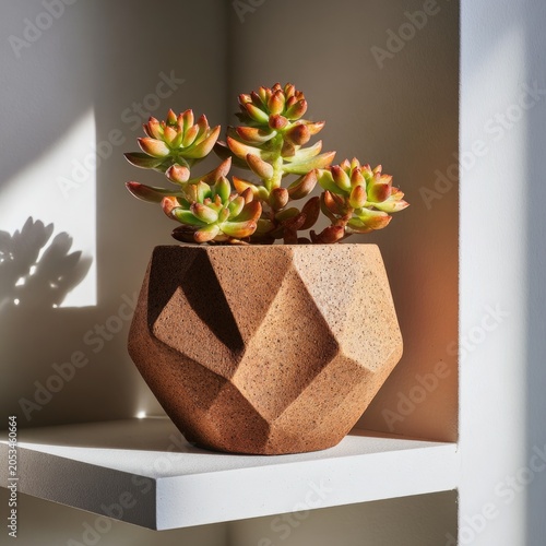 A geometric terracotta pot holds a succulent with sunlight casting shadows