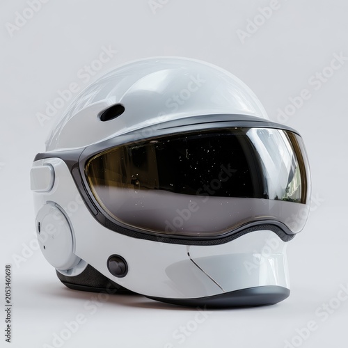 Sleek, futuristic white helmet with tinted visor, clean background