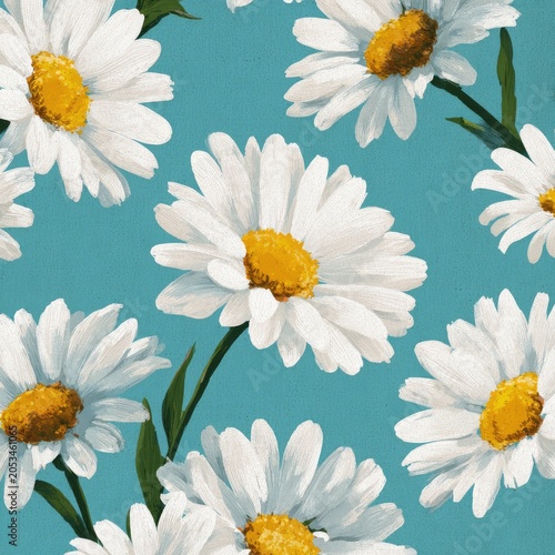 White daisies with yellow centers bloom on a textured, teal background