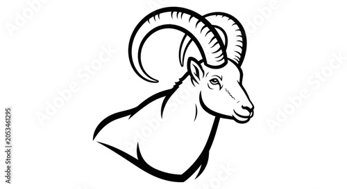 Quadro su tela Black and white illustration of a rams head with curved horns