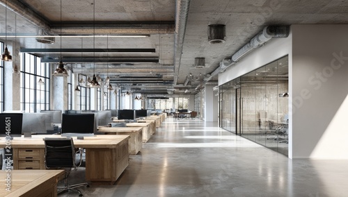 Modern, open-plan office with concrete, wood, and glass elements