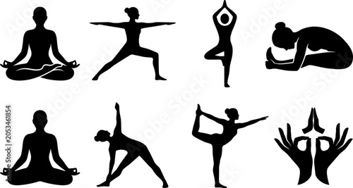 Photos Silhouette collection of vector yoga poses and hand mudras for wellness meditati
