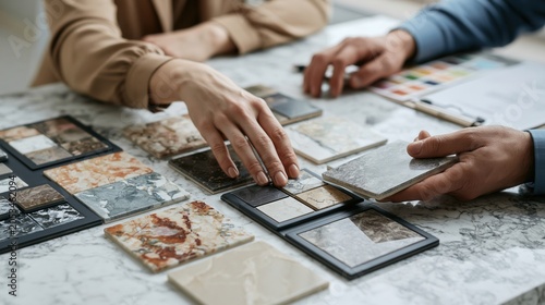 Interior designer and client choosing marble tile samples for kitchen renovation project.