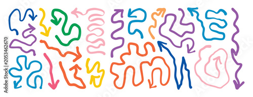 Bild auf Leinwand Bright colorful doodle arrows scattered across, hand drawn icons with curly wobb