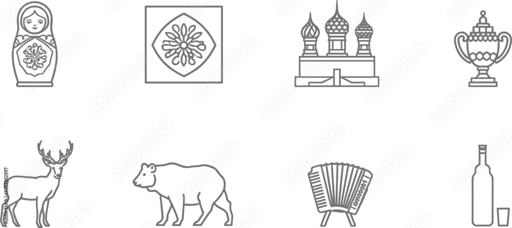 Fototapeta premium Minimalist vector line art icon set featuring Russian cultural heritage landmarks and traditional folklore symbols including matryoshka doll kremlin samovar bear isolated on white