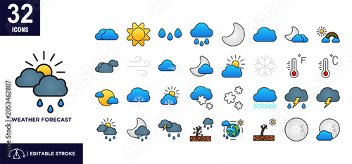  Weather forecast line color icon set collection. Meteorology symbols vector illustration.