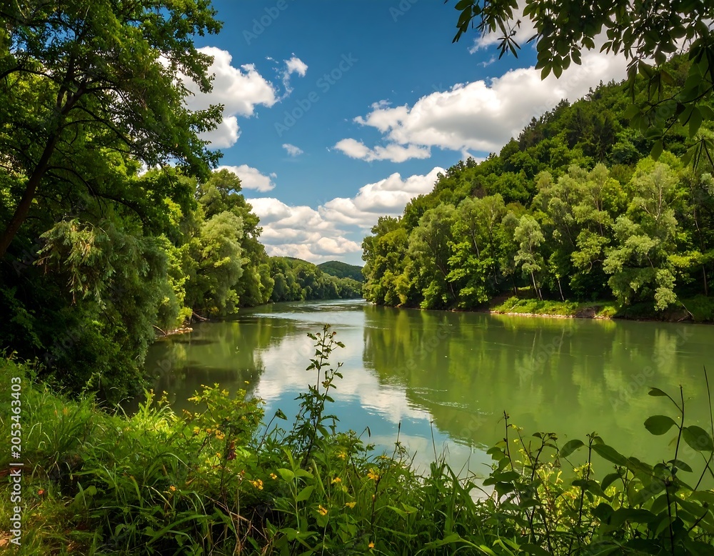 Obraz premium Scenic river winding through lush green trees and hills under a bright blue sky dotted with puffy white clouds