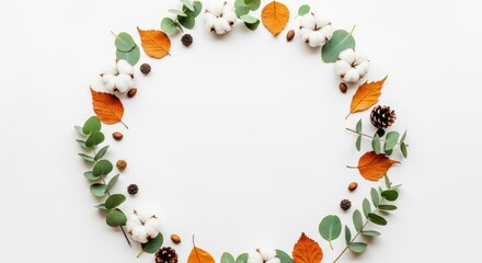 Autumn Wreath Flat Lay with Eucalyptus Leaves, Cotton Bolls, and Dried Foliage on White Background with Copy Space