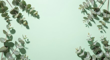 Eucalyptus Branches Frame on Light Green Background with Copy Space, Minimalist Botanical Flat Lay
