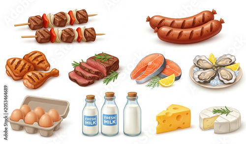 3D Cooking Ingredients Set Meat Seafood Eggs Milk Cheese Vector Illustration