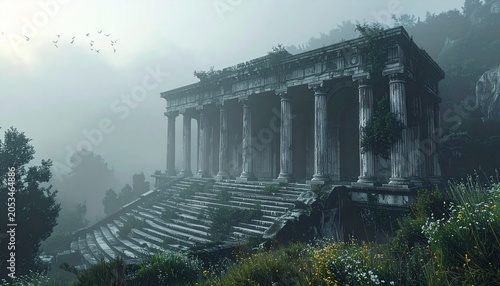 Ancient Greek temple ruins shrouded in morning mist.
