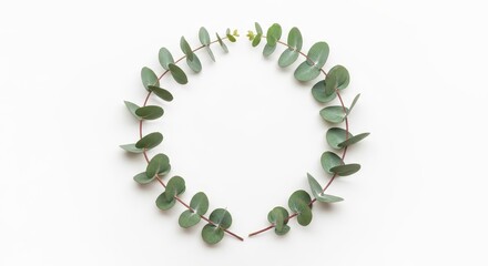 Minimalist Eucalyptus Wreath Frame on White Background with Copy Space for Text and Design Elements