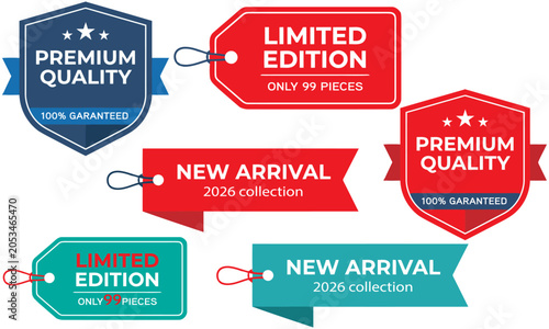Cuadro en lienzo Collection of colorful retail sale tags and labels with promotional text
