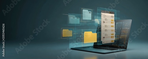 Digital folders floating from laptop screen, data organization visualized