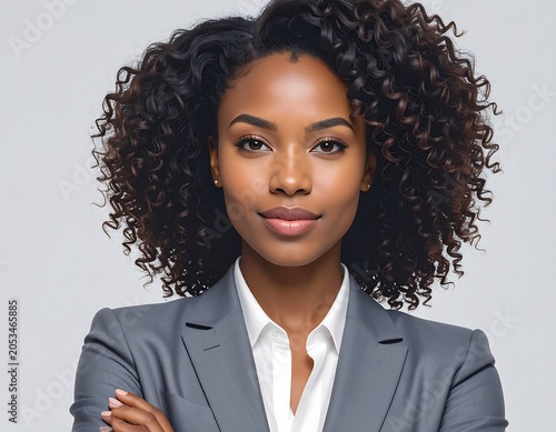 Portrait of a woman with curly hair, in a business suit, arms crossed, smiling at the viewer. Neutral background