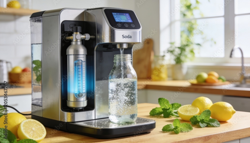 Obraz premium Soda machine with carbonator on kitchen counter beside lemons and sparkling bottle detail