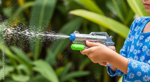 Close up of child hand holding chrome water gun shooting splashing stream during outdoor play in summer