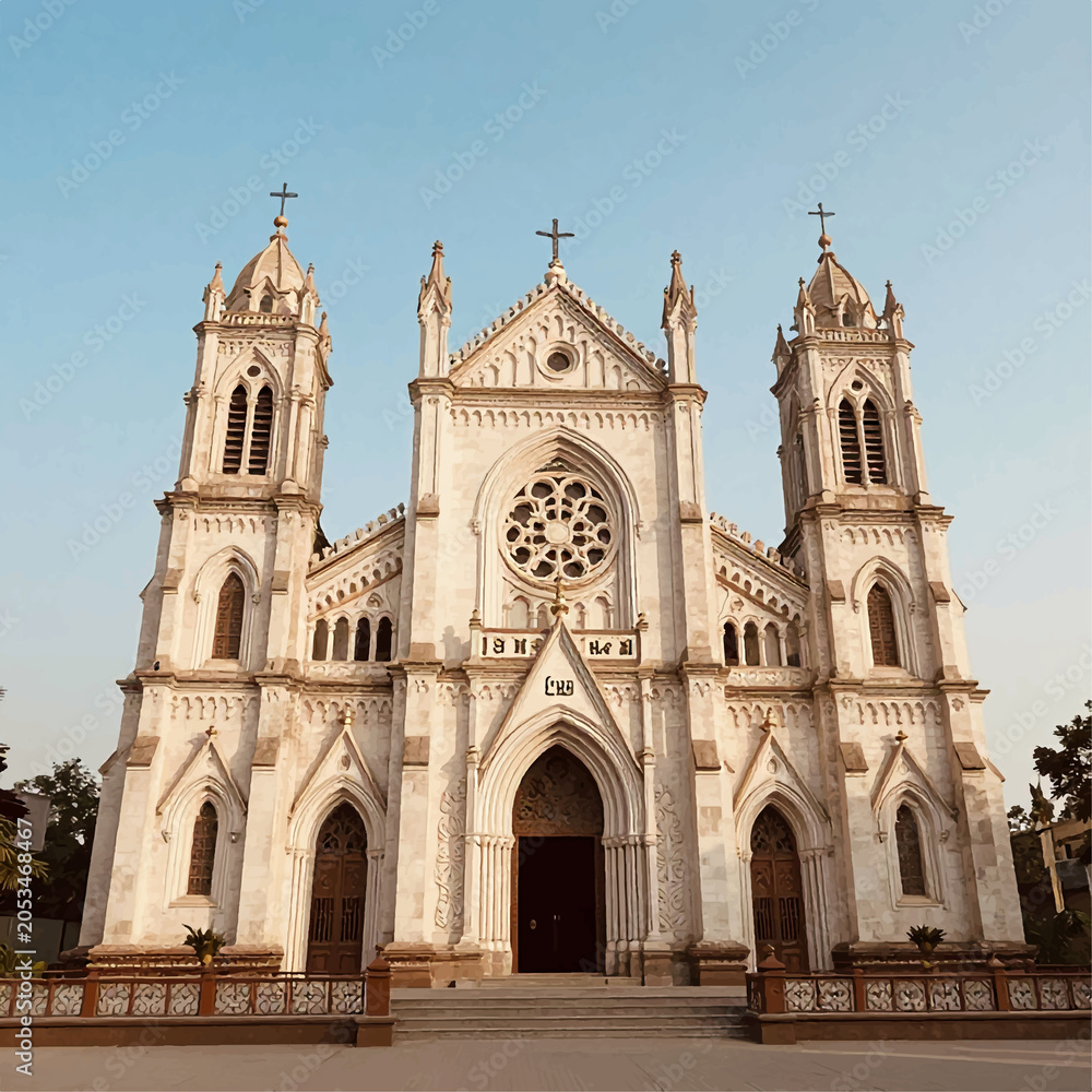 Obraz premium Old Colonial Stone Church with Tall Pointed Gothic Arches