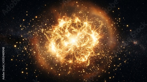 Cosmic supernova explosion with golden particle sparks in deep space nebula