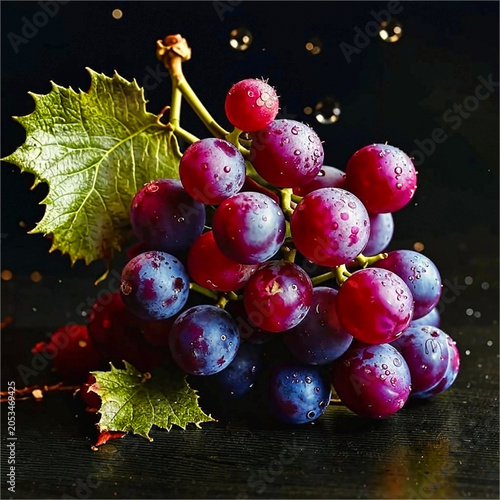 Bunch of black grapes with drops of dew on a black background. Generative AI.