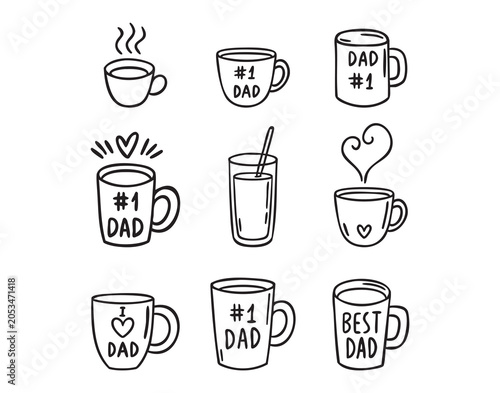 Mug set for fathers day Dad number 1 I love Dad Best Dad, hand drawn doodle line art monochrome hand drawn