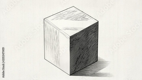 Minimalist charcoal sketch of a three dimensional cube on textured paper background illustrating geometric form and shadow technique in artistic drawing