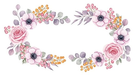 Watercolor Floral Frame with Pink Roses, Anemones, and Berries for Wedding Invitations and Greeting Cards