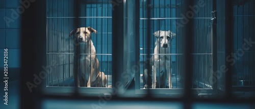Two dogs waiting in a shelter cage.