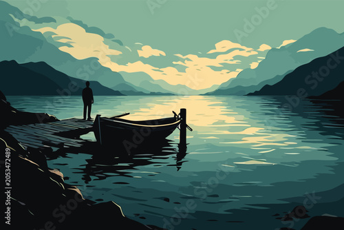 Cuadro en lienzo Man standing on dock by boat on calm lake with mountains and clouds