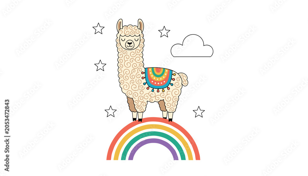 Naklejka premium Adorable cartoon llama standing happily on a colorful rainbow with a fluffy cloud and stars on a white background.