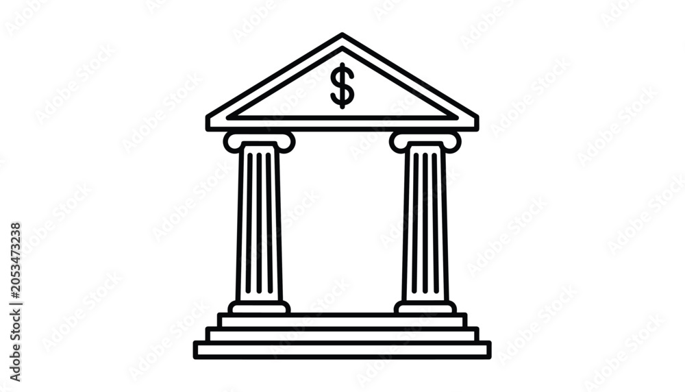 Obraz premium Classical bank building line icon with columns and a dollar sign, representing financial institutions, savings, and economy.