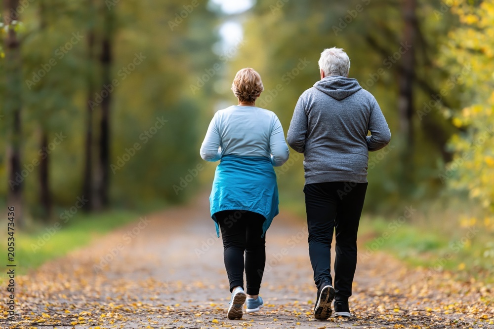 Fototapeta premium Seniors couple walking on autumn forest path enjoying active outdoor lifestyle