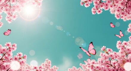Beautiful Spring Background with Pink Cherry Blossoms, Butterflies and Bright Sun Flare on Blue Sky for Greeting Cards
