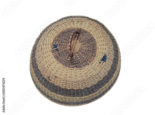 Vintage Handwoven Rattan Food Cover Isolated on White Background