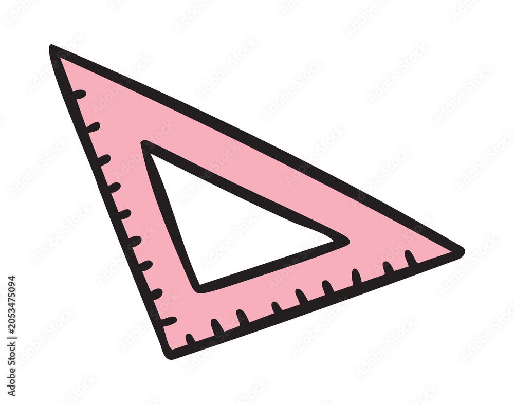 Fototapeta premium Triangle ruler set square, geometry tool, line art school doodle, outline contour, monochrome, hand drawn