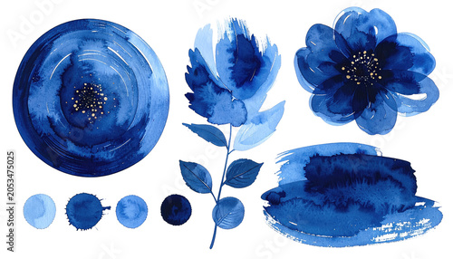 Watercolor floral art showcasing indigo blooms, buds, brushstrokes, and a color palette of varying blue shades