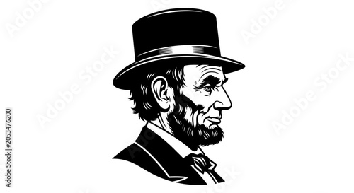 Profile illustration of Abraham Lincoln wearing a top hat and bowtie